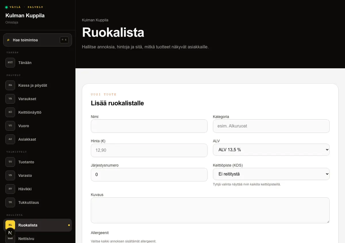 Ruokalistanäkymä, jossa annoksella on Loppu-merkintä ja Merkitse saatavaksi -painike.