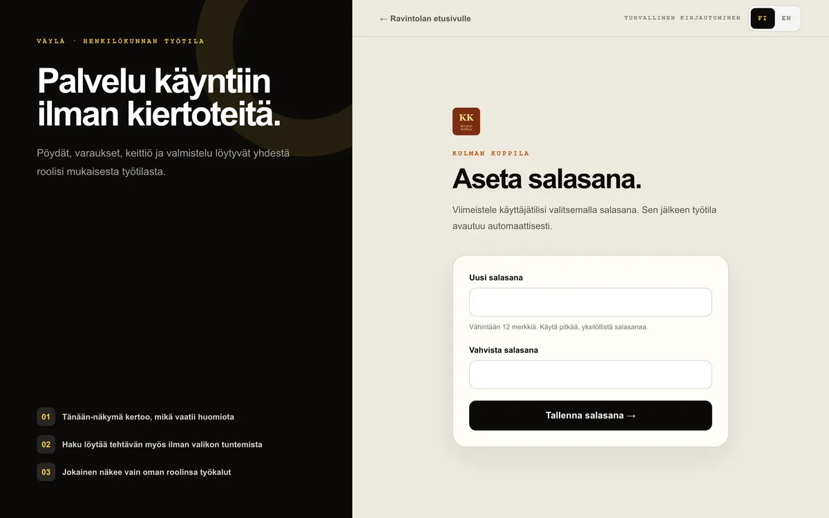 Väylän kirjautumissivu salasanan asettamistilassa sähköpostikutsun avaamisen jälkeen.
