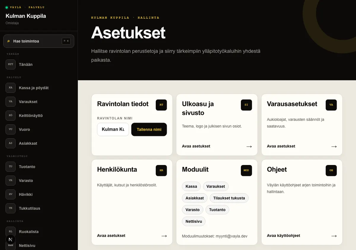Väylän Asetukset-näkymä, jossa näkyvät ravintolan tiedot, ylläpidon linkkikortit, moduulit ja ohjeet.