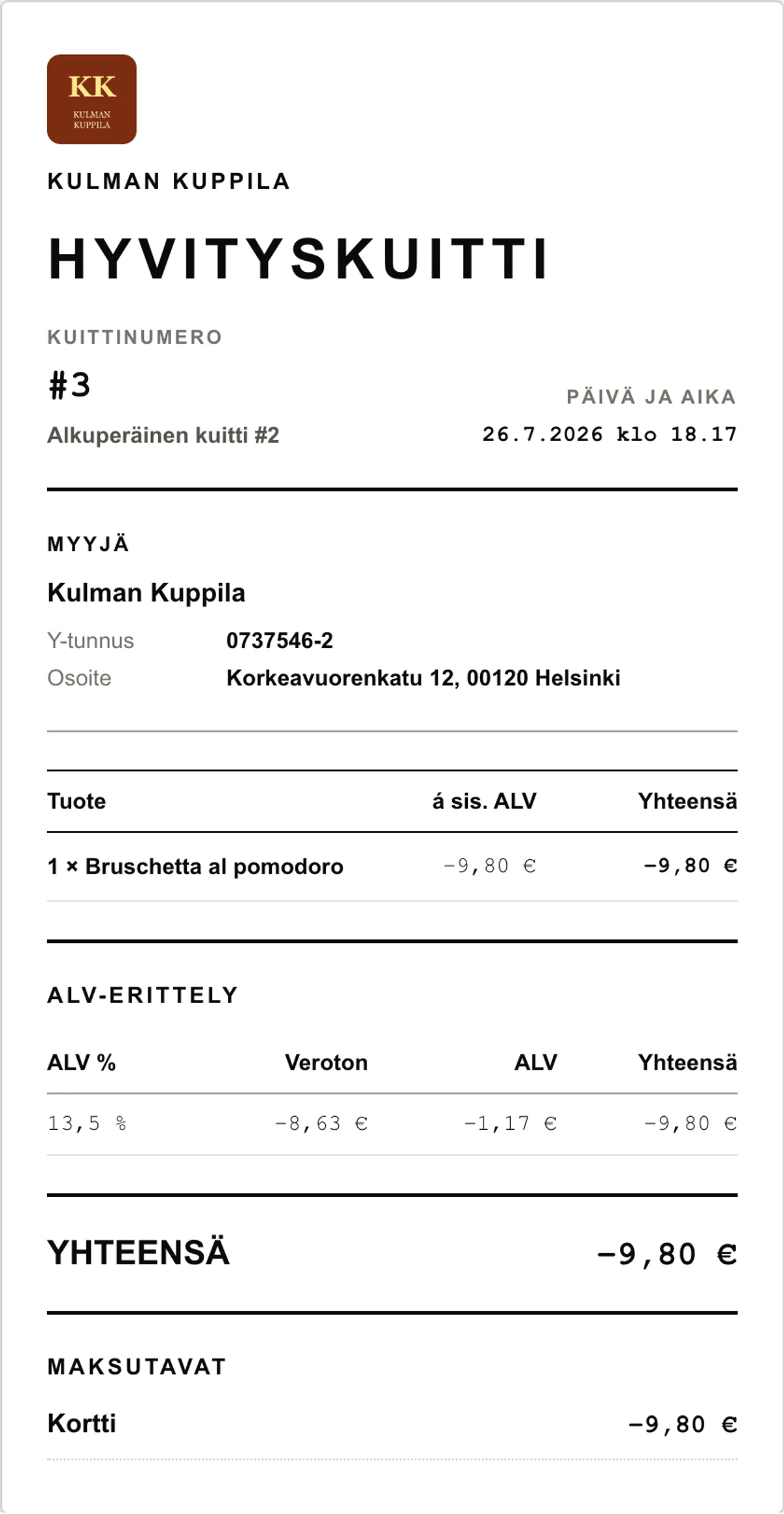 Tulostettava HYVITYSKUITTI-arkki, jossa näkyvät alkuperäisen kuitin numero ja negatiiviset summat.