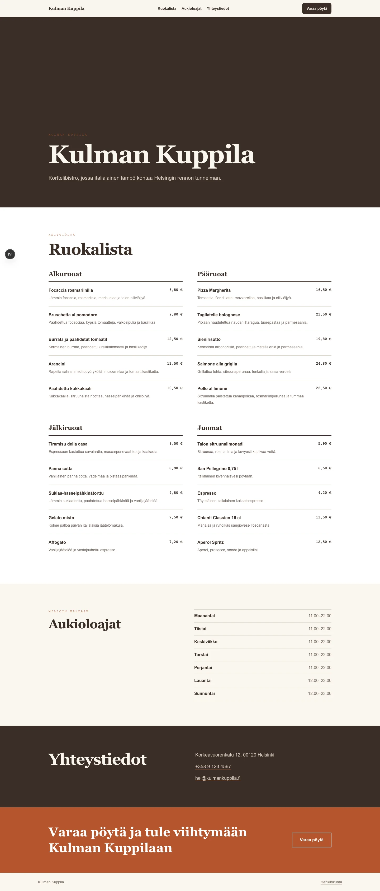 Kulman Kuppilan julkaistu julkinen verkkosivu työpöydällä.