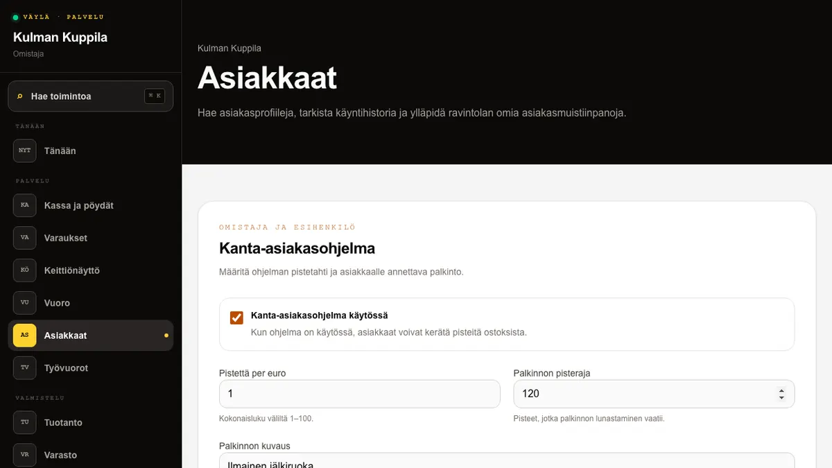 Kanta-asiakasohjelman asetukset sekä asiakkaan pistesaldo ja pistetapahtumat.
