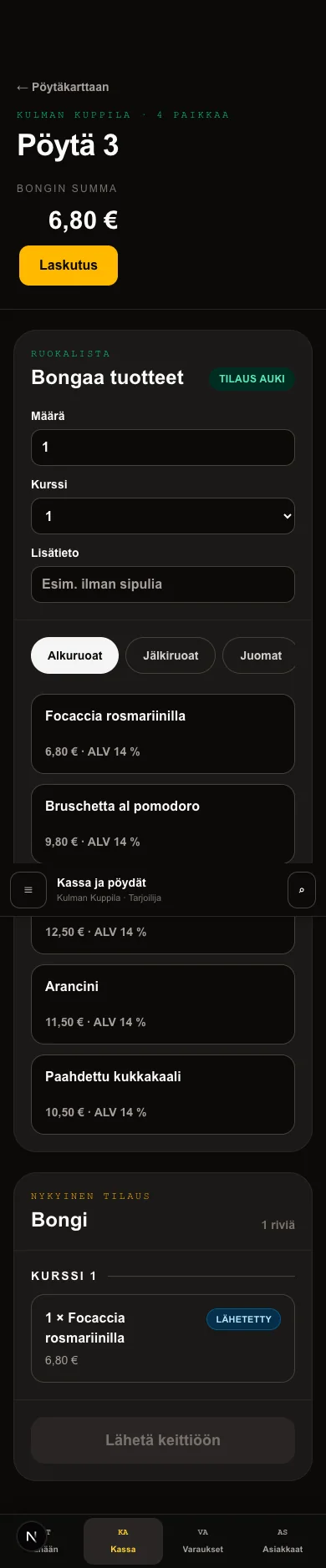 Tarjoilijan pöytä- ja tilausnäkymä puhelimella.