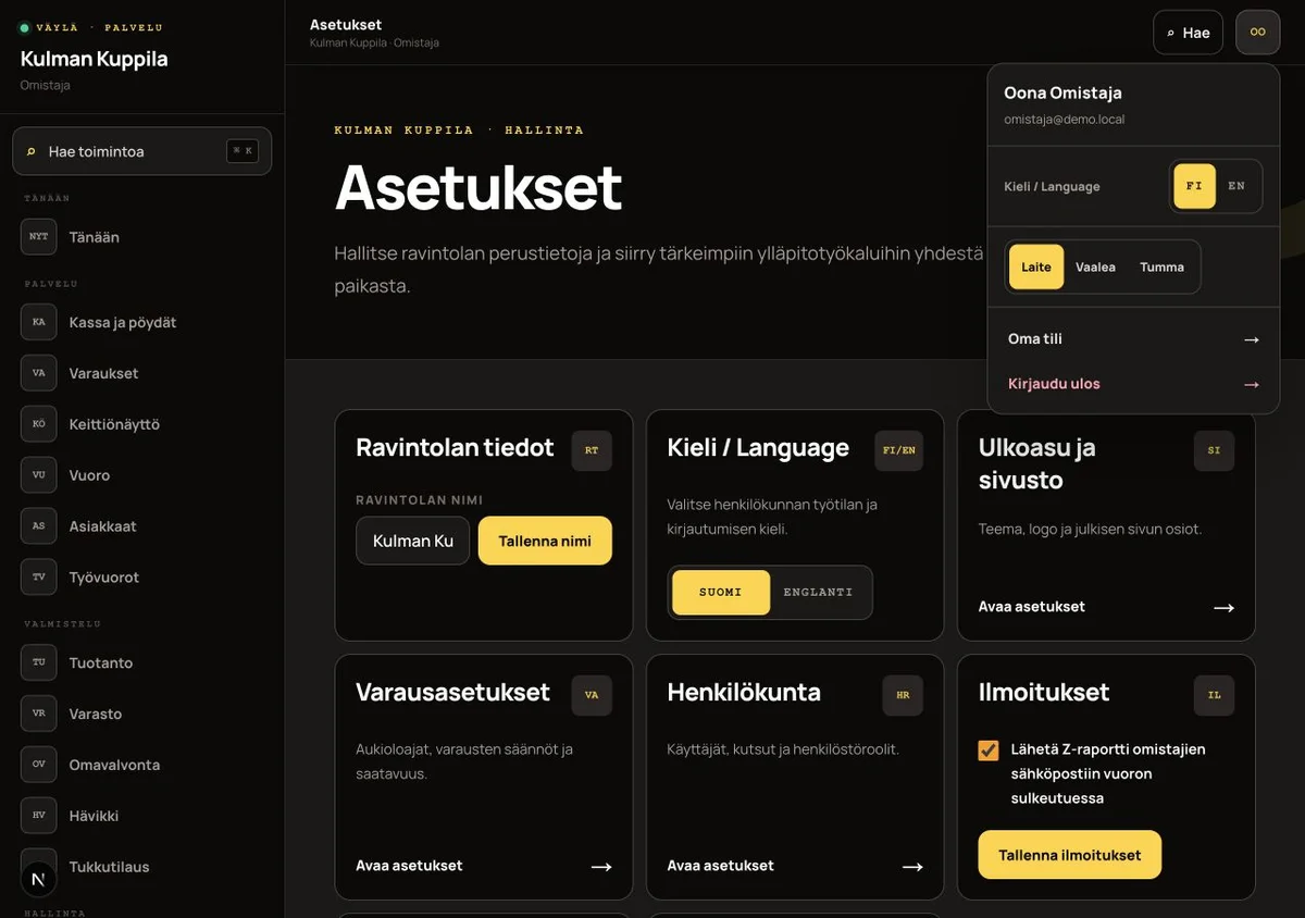 Henkilökunnan työtilan yläpalkin käyttäjävalikko, jossa näkyvät käyttäjän nimi, sähköpostiosoite, kielivalinta ja Kirjaudu ulos.