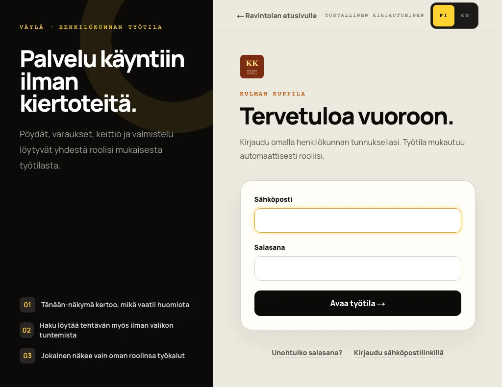 Keittiönäytön Uudet-, Työn alla- ja Noudettavissa-sarakkeet.