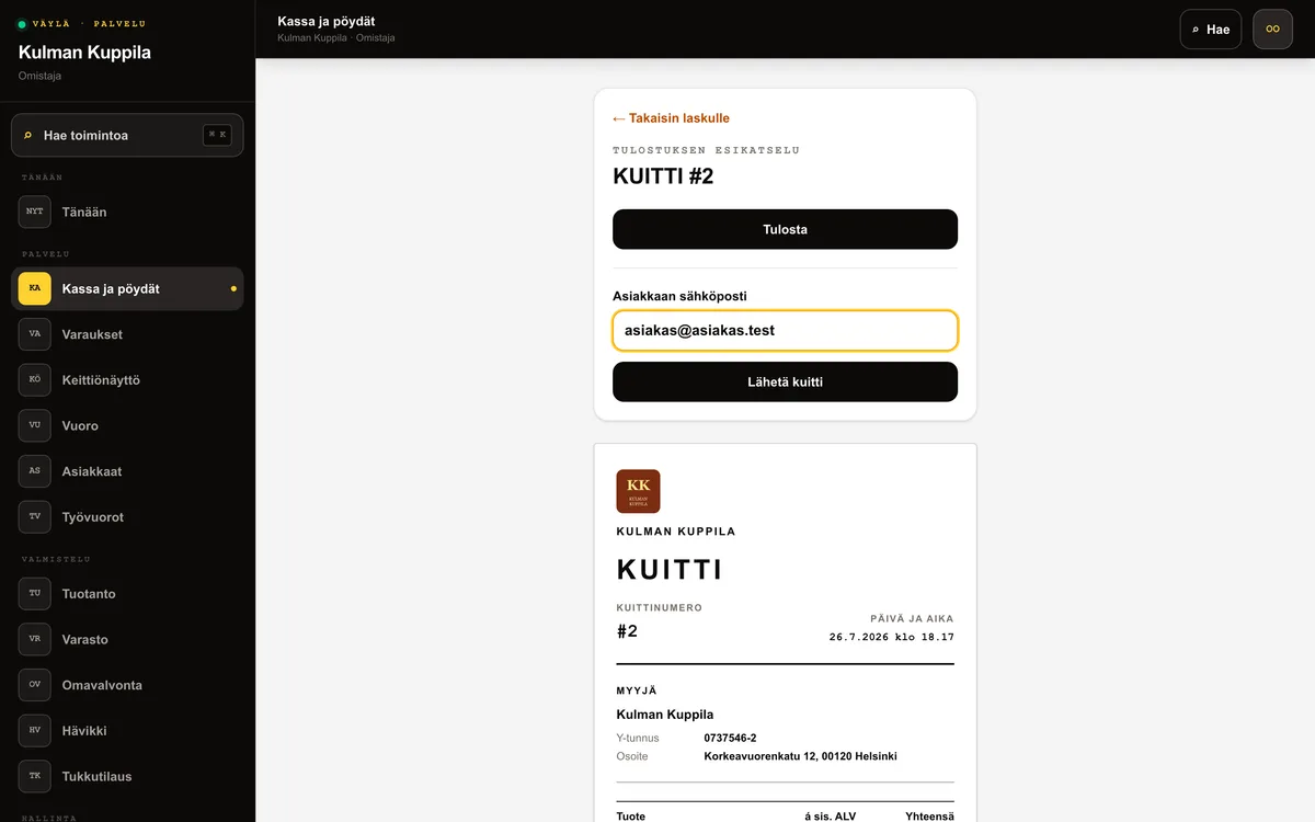 Kuitin esikatselu, jonka Asiakkaan sähköposti -kenttään on täytetty sähköpostiosoite.
