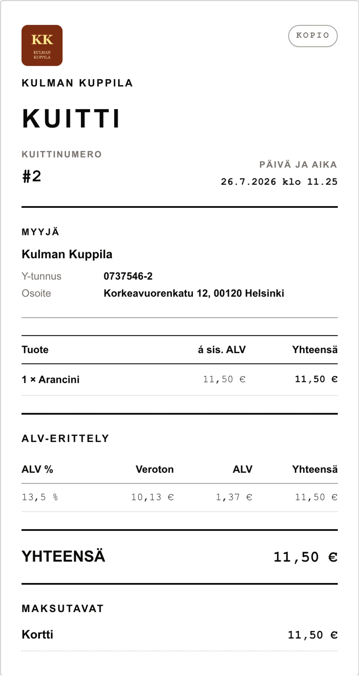 Tulostettava KUITTI-arkki, jossa näkyvät ravintolan logo, kuittinumero, tuoterivit, ALV-erittely ja maksutavat.
