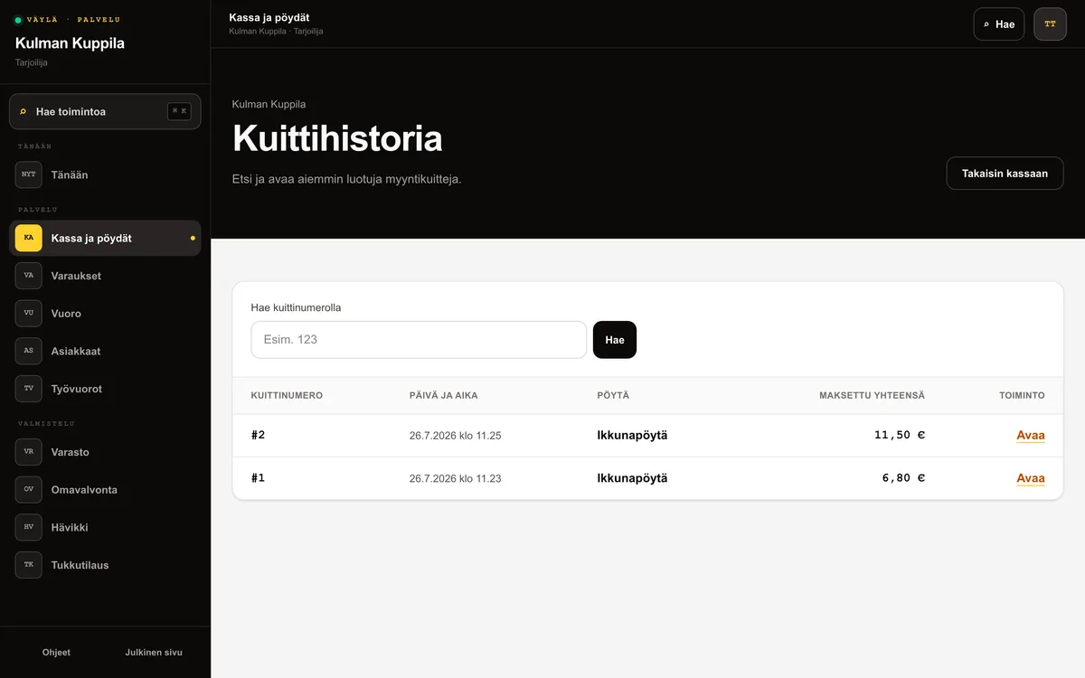 Kassan kuittihistoria, jossa on kuittinumerohaku ja kaksi kuittiriviä.