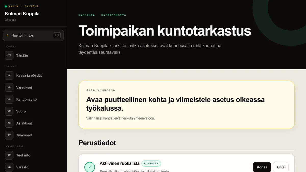Toimipaikan Kuntotarkastus-näkymä, jossa näkyvät yhteenveto ja moduuleittain ryhmitellyt kunnossa-, puutteellinen- ja valinnainen-tilat.