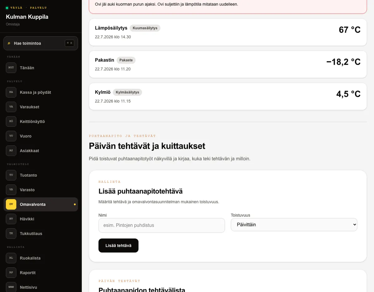 Omavalvonnan puhtaanapito- ja tehtäväosio, jossa tehtävän lisäys ja päivän kuittaukset.
