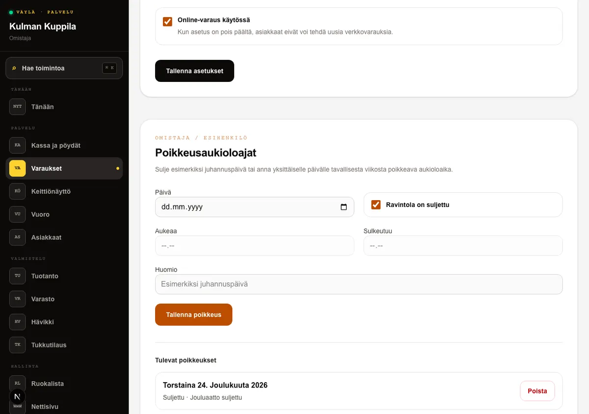Poikkeusaukioloajat-kortti, jossa lisätään suljettu päivä tai päivän oma aukioloaika.