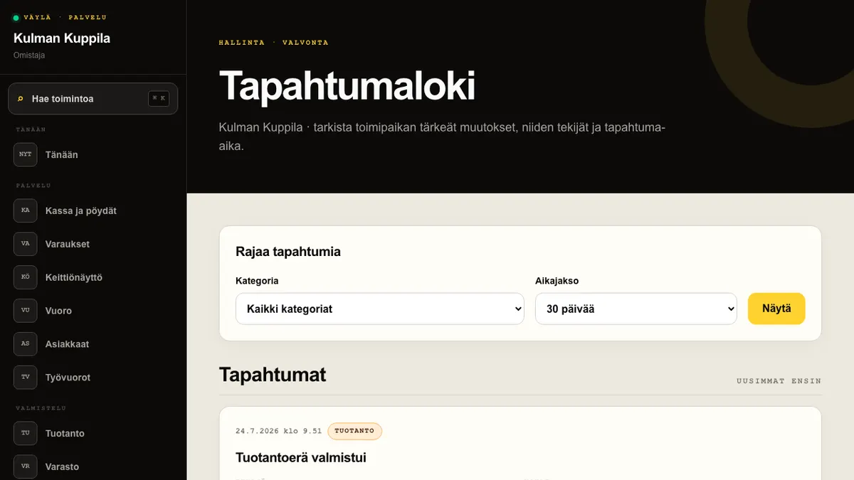 Tapahtumaloki, jossa näkyvät suodattimet sekä tapahtumien ajat, tekijät, kategoriat ja lisätiedot.