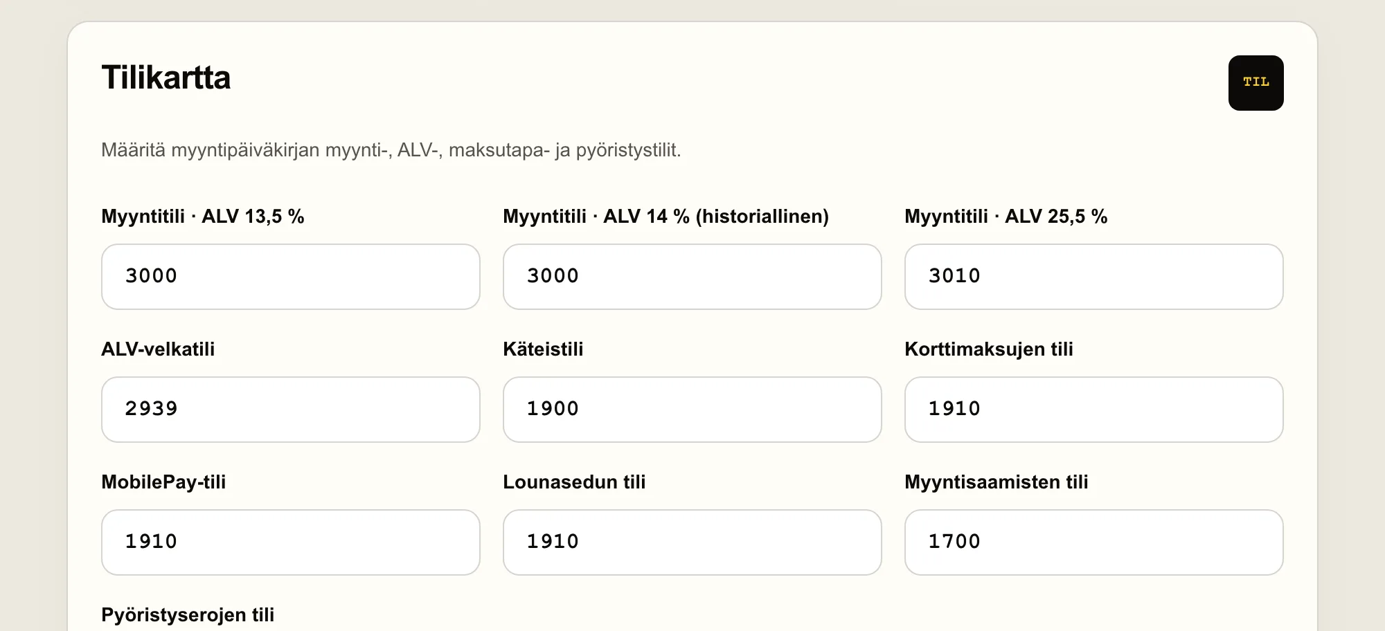 Tilikartta-asetukset, joissa näkyvät myynti-, ALV-, maksutapa-, myyntisaamis- ja pyöristystilien tilinumerot.