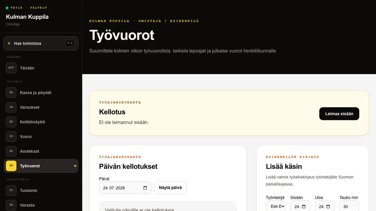 Työvuorojen Poissaolot-osio ja värikoodatut poissaolotunnukset kolmen viikon ruudukossa.