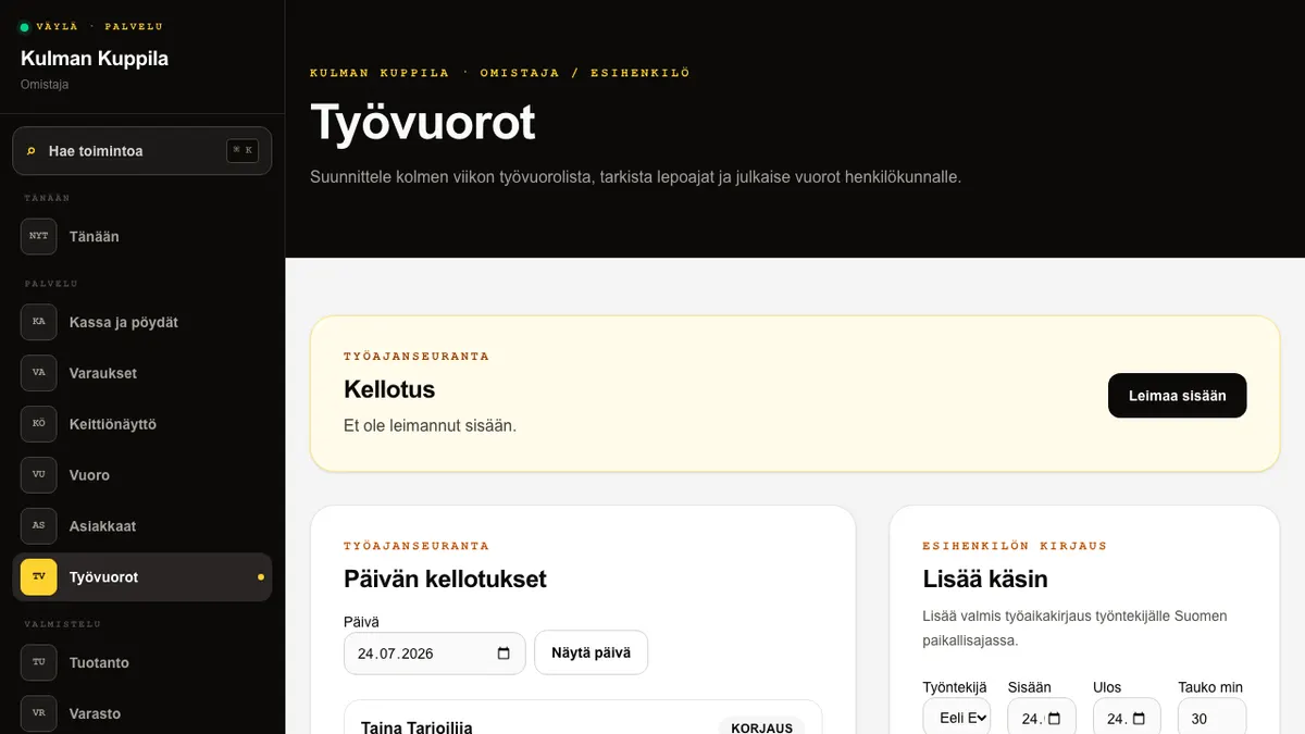 Työvuorojen Jaksoyhteenveto-taulukko, asiantuntijavalidoinnin huomautus ja CSV-vientipainikkeet.