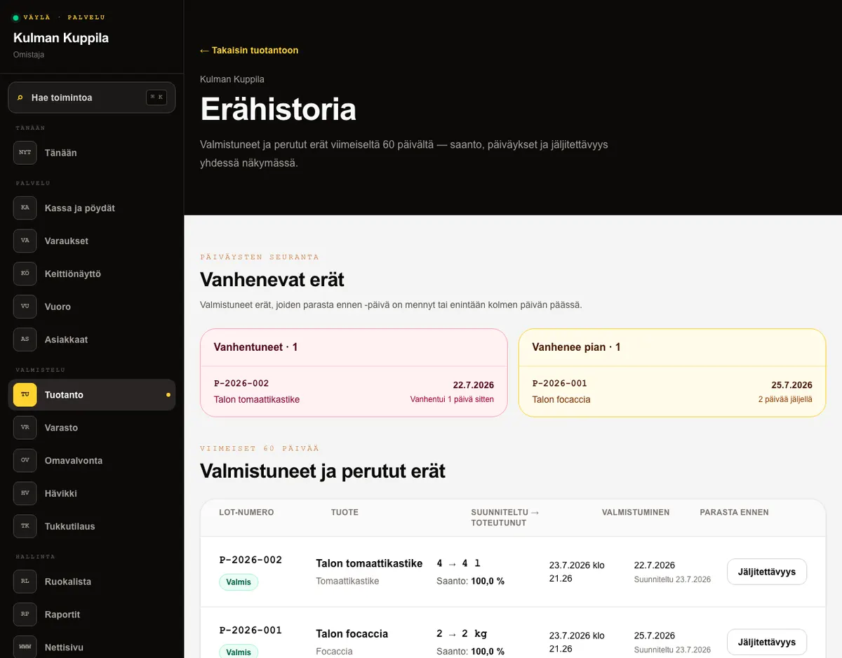 Tuotannon Historian Vanhenevat erät -osio punaisine ja keltaisine listoineen.