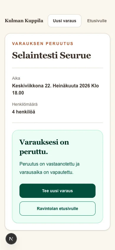 Onnistuneen varauksen peruutuksen vahvistus puhelimen näytöllä.