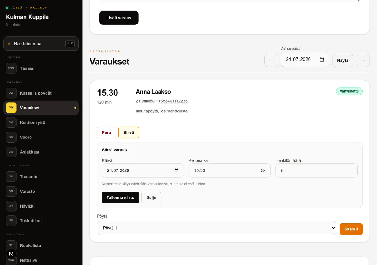 Varauksen Siirrä-lomake, jossa uusi päivä, kellonaika ja henkilömäärä.