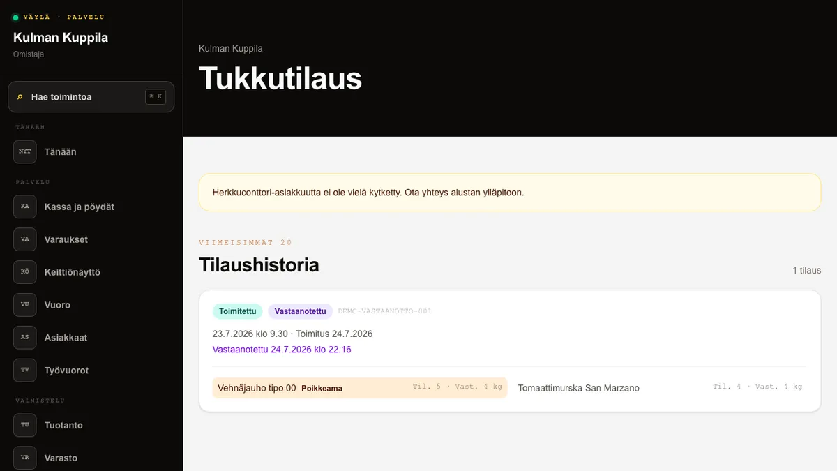 Toimitetun tukkutilauksen vastaanottolomake, jossa näkyvät tilatut ja vastaanotetut määrät sekä poikkeama.