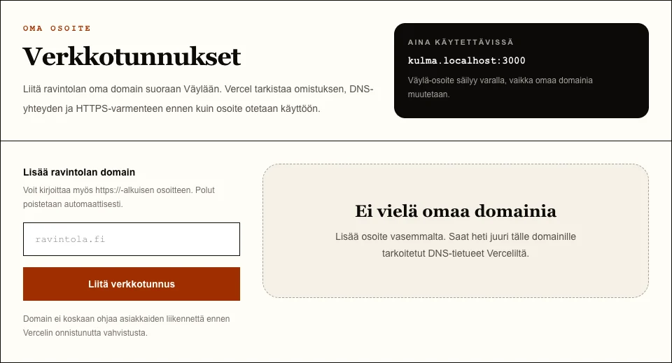 Nettisivu-näkymän Verkkotunnukset-osio, jossa ravintolan domain lisätään Verceliin.