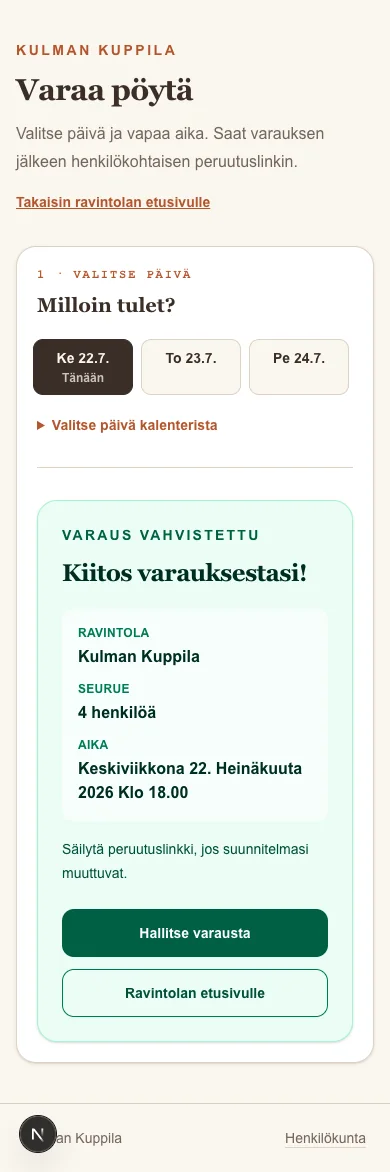Valmis pöytävaraus ja sen tiedot puhelimen näytöllä.
