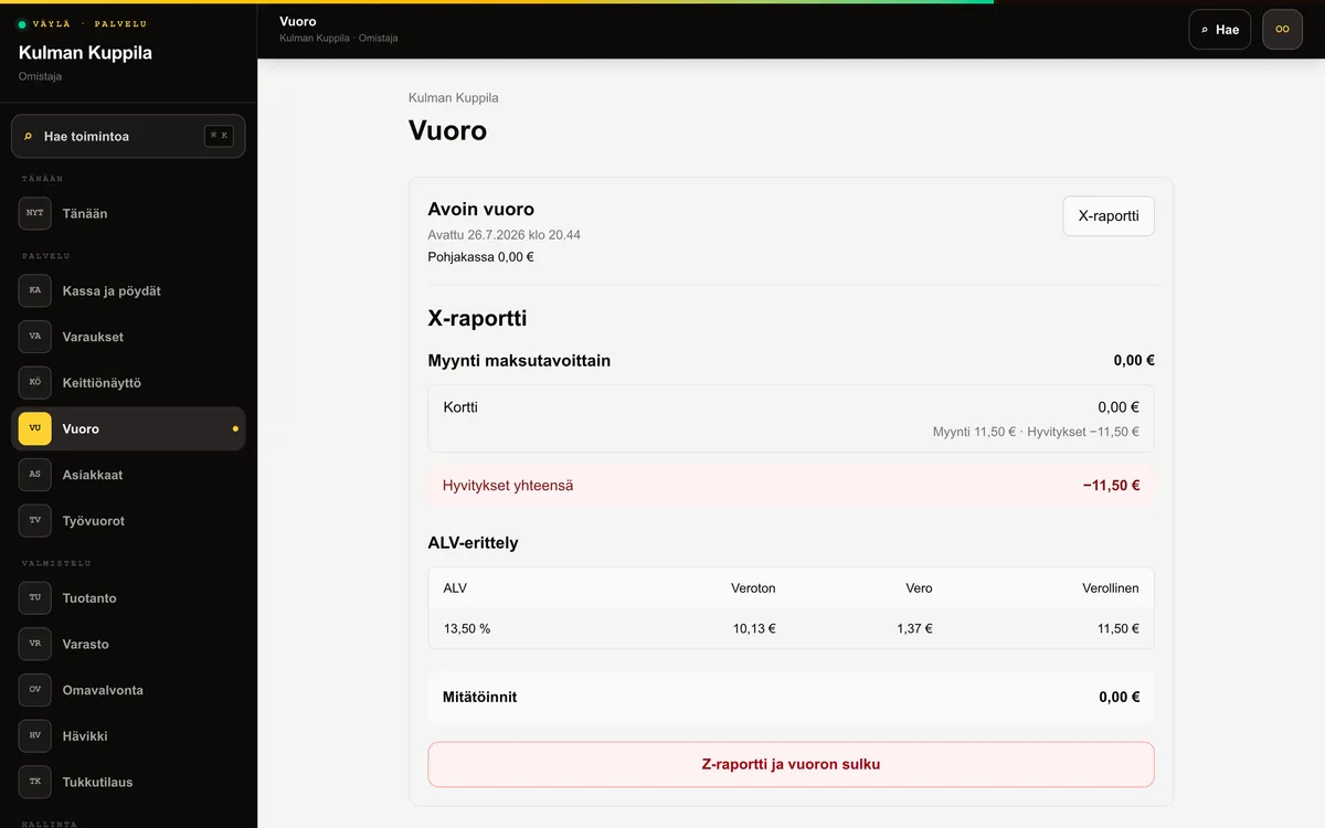 Vuoron X-raportti, jossa maksutavan myynti ja hyvitykset sekä Hyvitykset yhteensä -rivi näkyvät eriteltyinä.